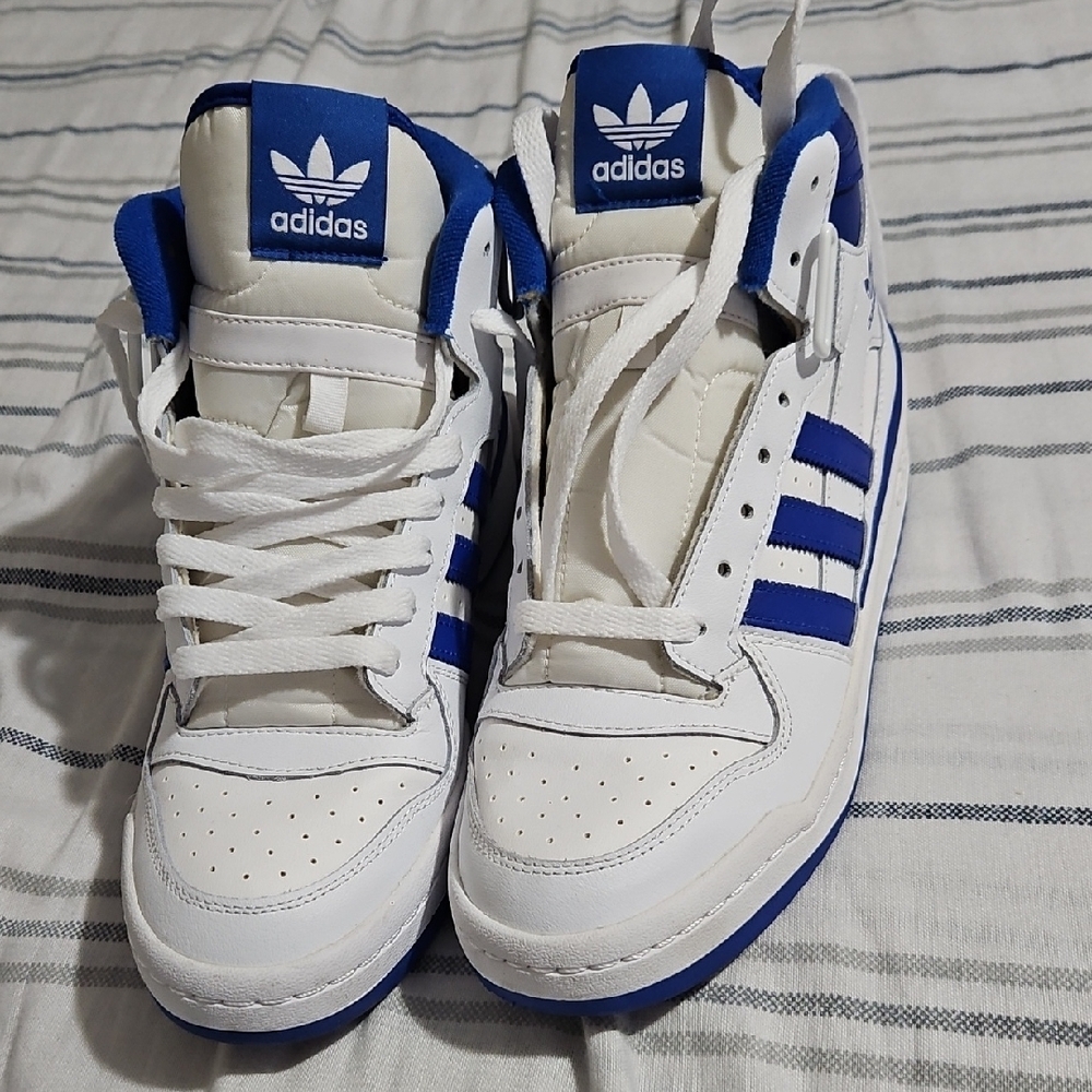 Adidas White and Blue High-Top Sneakers